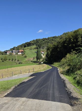 Asphaltierte Straße führt durch ländliche Gegend mit Häusern und Wald